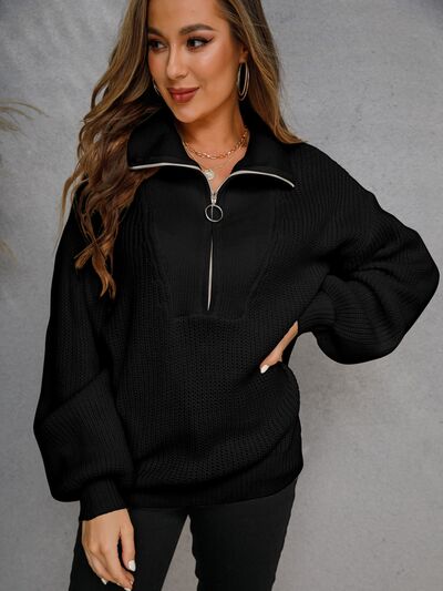 Half Zip Dropped Shoulder Sweater |1mrk.com