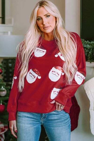 Sequin Santa Patch Round Neck Sweatshirt |1mrk.com