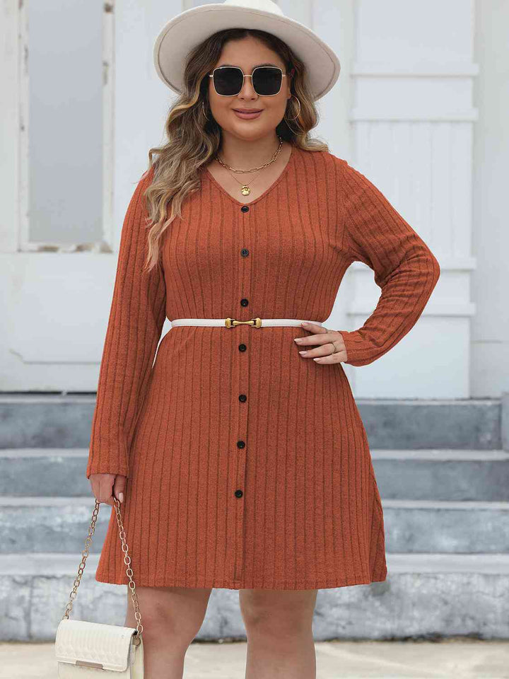 Plus Size Ribbed Buttoned V-Neck Long Sleeve Dress |1mrk.com