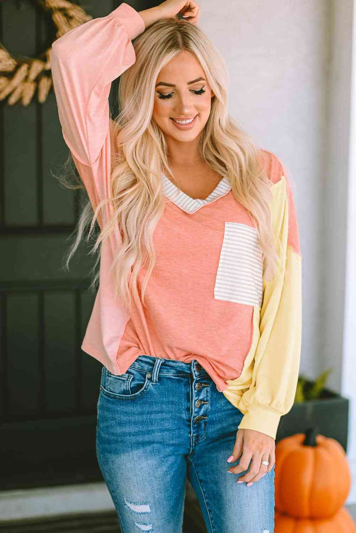 Color Block V-Neck Dropped Shoulder Sweatshirt with Pocket |1mrk.com