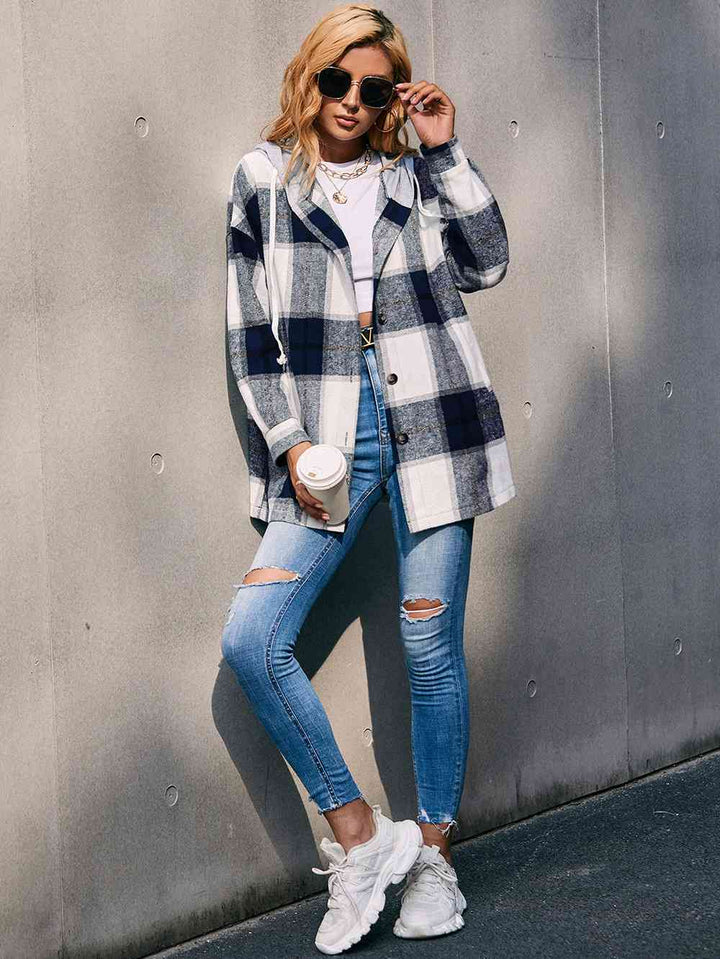 Plaid Dropped Shoulder Hooded Jacket | 1mrk.com