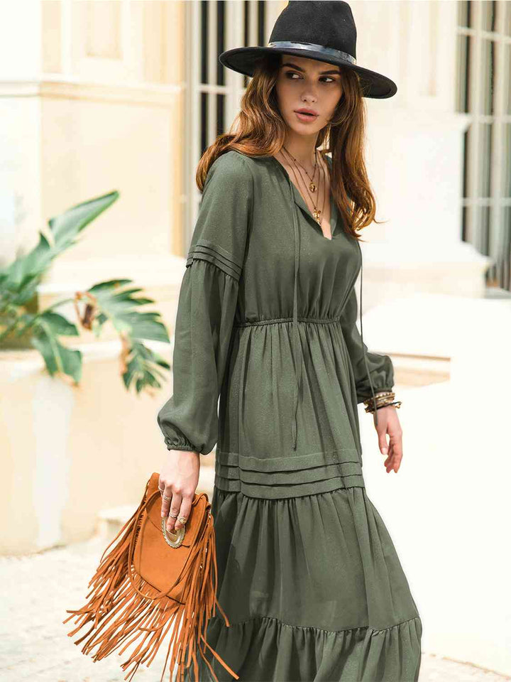 Tie Neck Long Sleeve Midi Tiered Dress | 1mrk.com