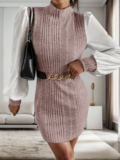 Ribbed Contrast Long Sleeve Sweater Dress | Trendsi