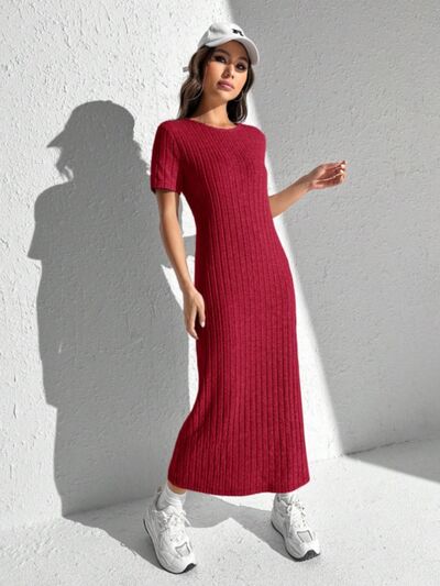 Slit Round Neck Short Sleeve Sweater Dress | Trendsi