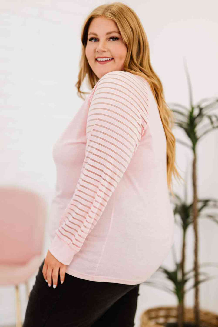 Plus Size Sheer Striped Sleeve V-Neck Top | 1mrk.com