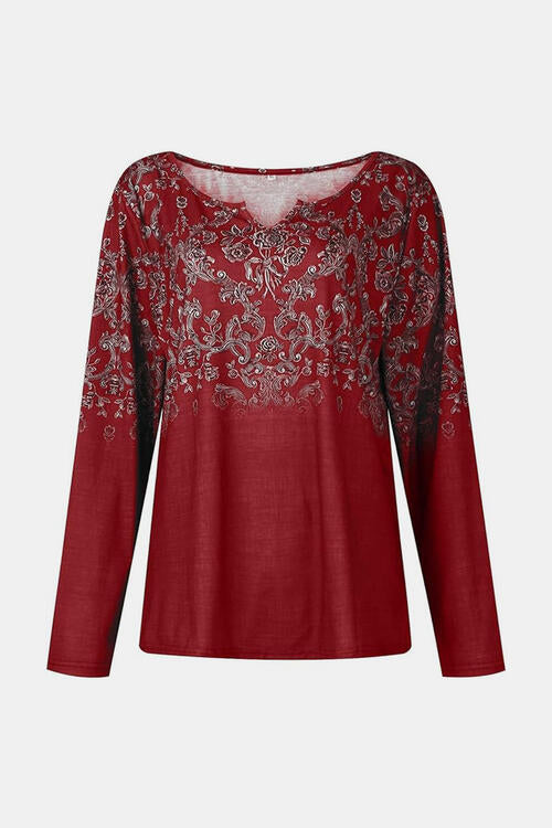 Printed Notched Long Sleeve T-Shirt | 1mrk.com