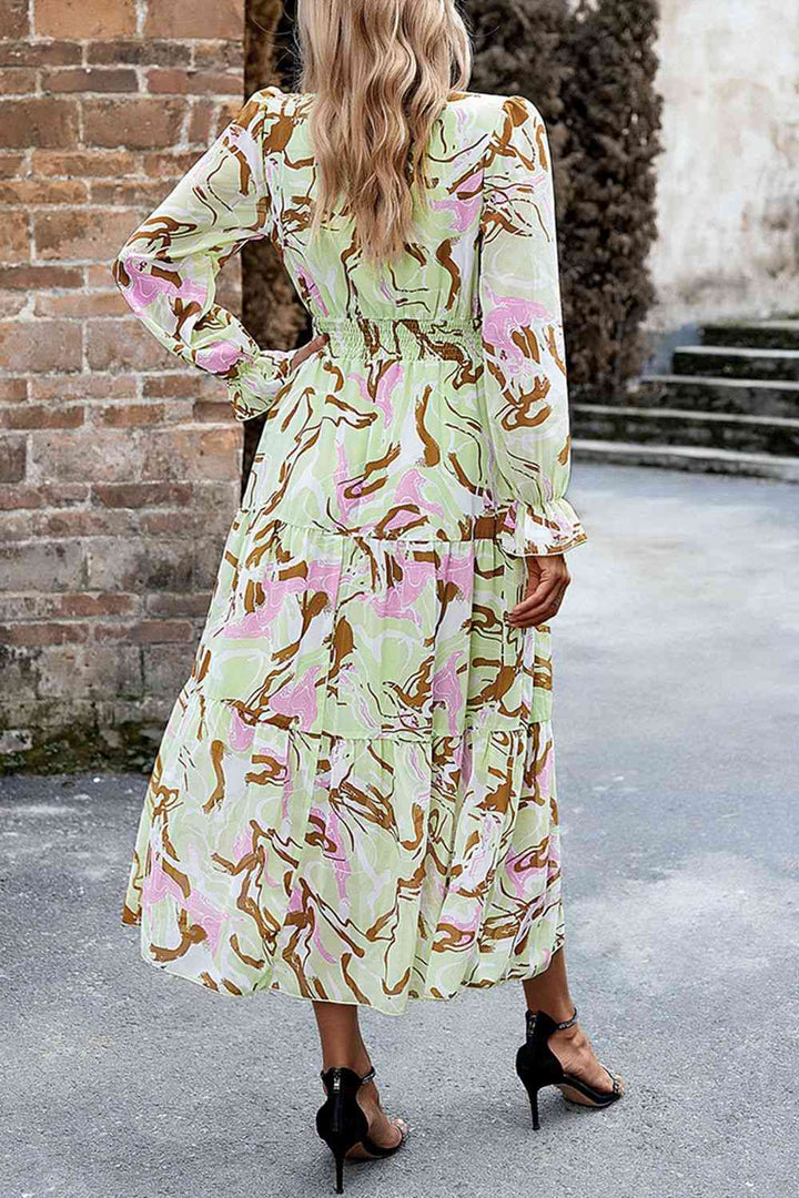 Printed Surplice Neck Flounce Sleeve Midi Dress |1mrk.com