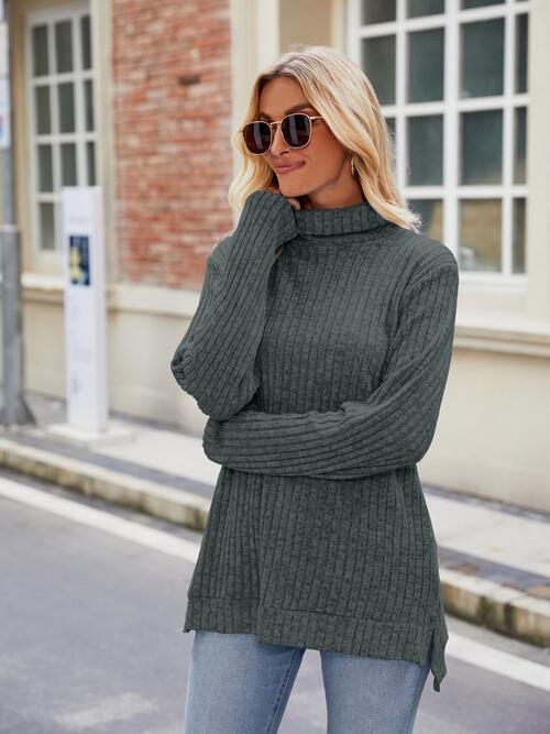 Ribbed Turtleneck Long Sleeve Slit Knit Top | 1mrk.com