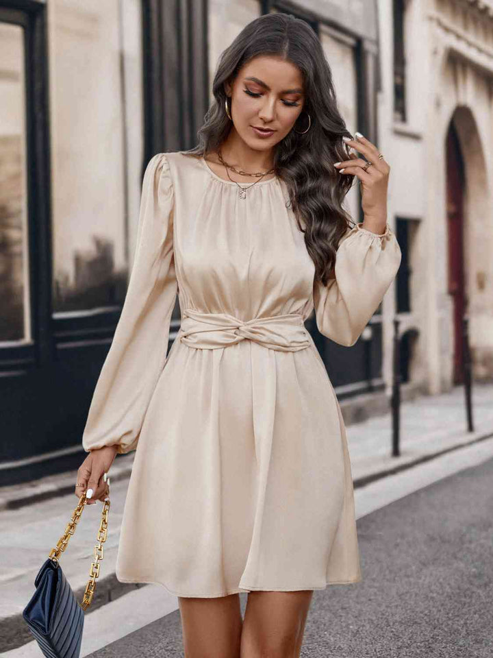 Twisted Round Neck Long Sleeve Dress | 1mrk.com