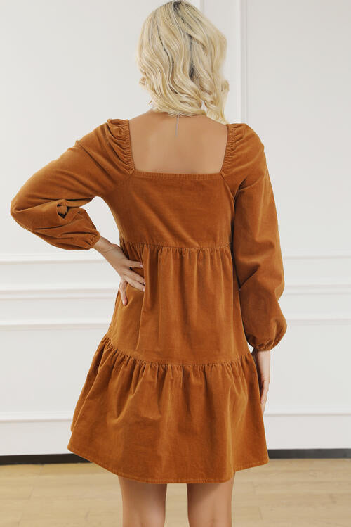 Square Neck Long Sleeve Tiered Dress | 1mrk.com