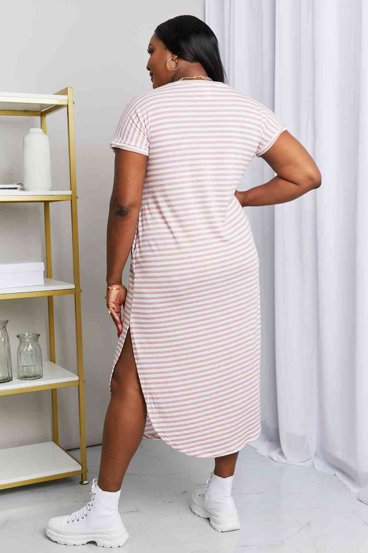 Heimish Full Size Horizontal Stripe Side Slit V-Neck Dress | 1mrk.com