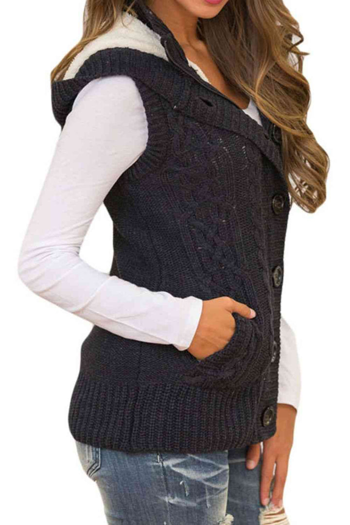 Button and Zip Closure Hooded Sweater Vest |1mrk.com