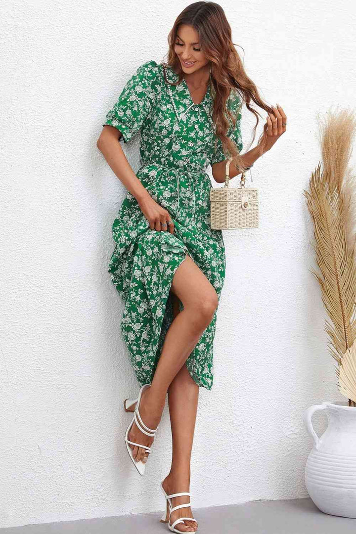 Floral Tie Waist Puff Sleeve Midi Dress |1mrk.com