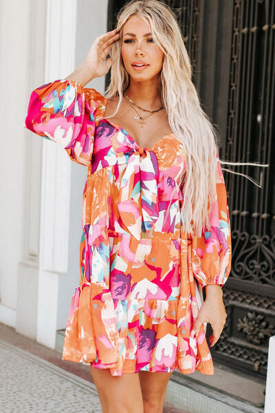 Sweetheart Neck Balloon Sleeve Tiered Mini Dress |1mrk.com