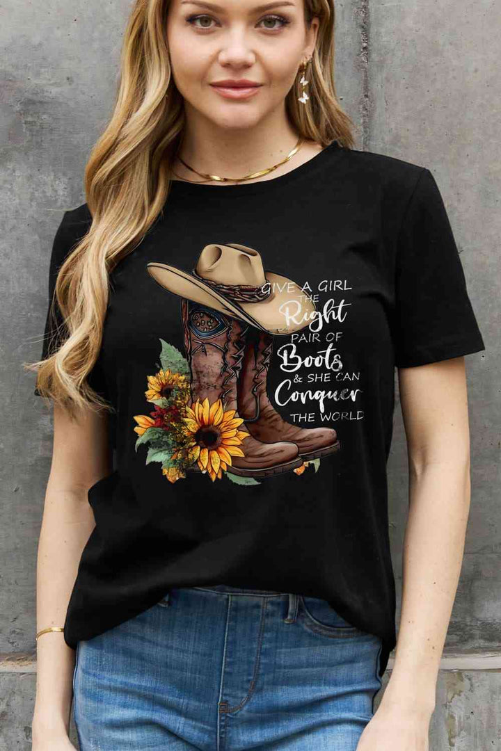 Simply Love Full Size Cowboy Hat & Boots Graphic Cotton Tee | 1mrk.com