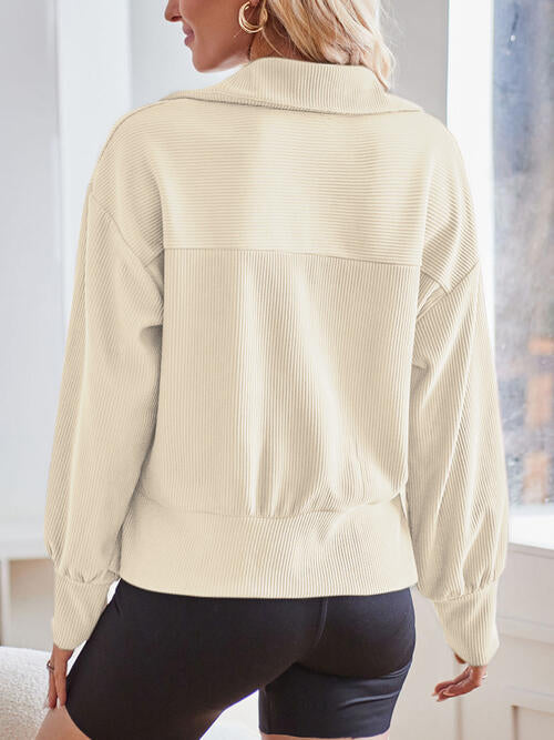 Ribbed Half Zip Collared Neck Sweatshirt |1mrk.com