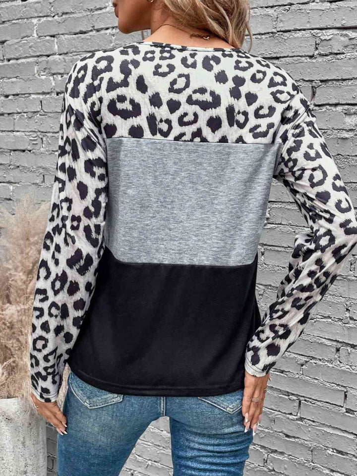 Leopard Color Block Long Sleeve Top |1mrk.com