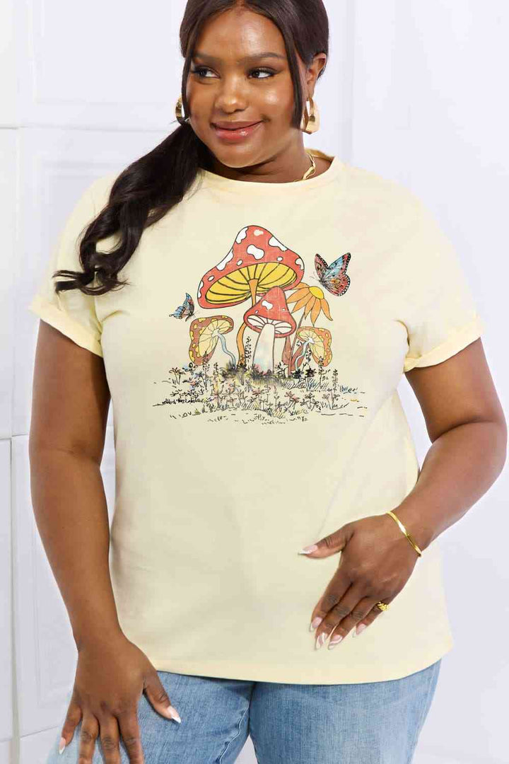 Simply Love Full Size Mushroom & Butterfly Graphic Cotton T-Shirt | 1mrk.com