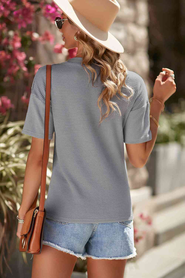 Button Detail Dropped Shoulder Waffle Knit Top | 1mrk.com