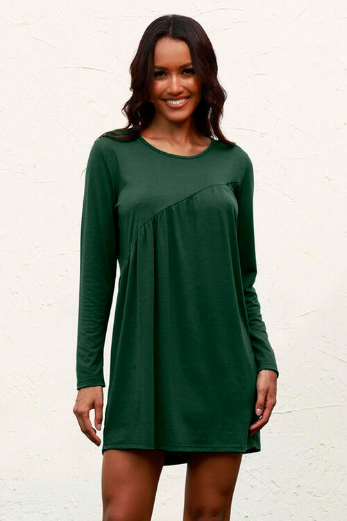 Ruched Round Neck Long Sleeve Dress | 1mrk.com