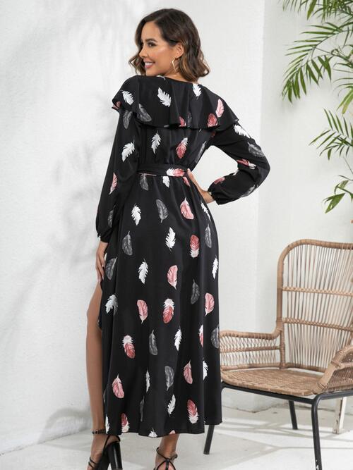 Printed Tie Front Ruffle Trim Long Sleeve Dress |1mrk.com