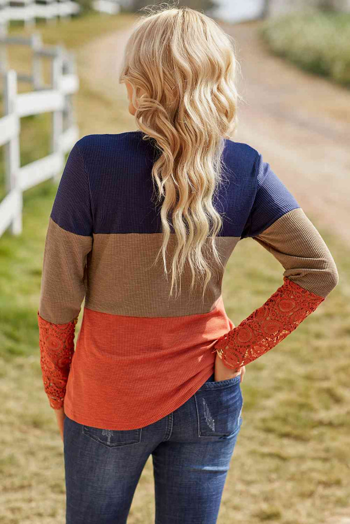 Color Block Spliced Lace Sleeve Ribbed Top | 1mrk.com