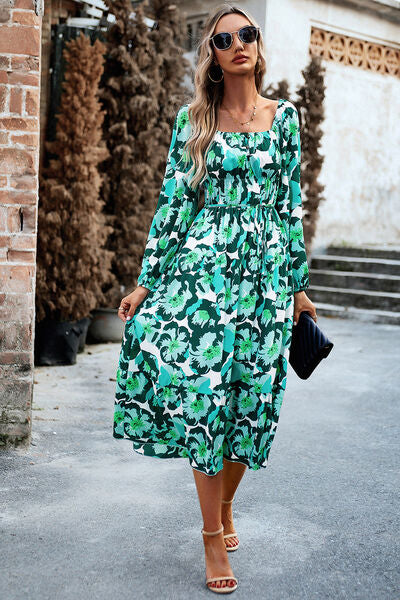 Printed Balloon Sleeve Pocketed Midi Dress |1mrk.com