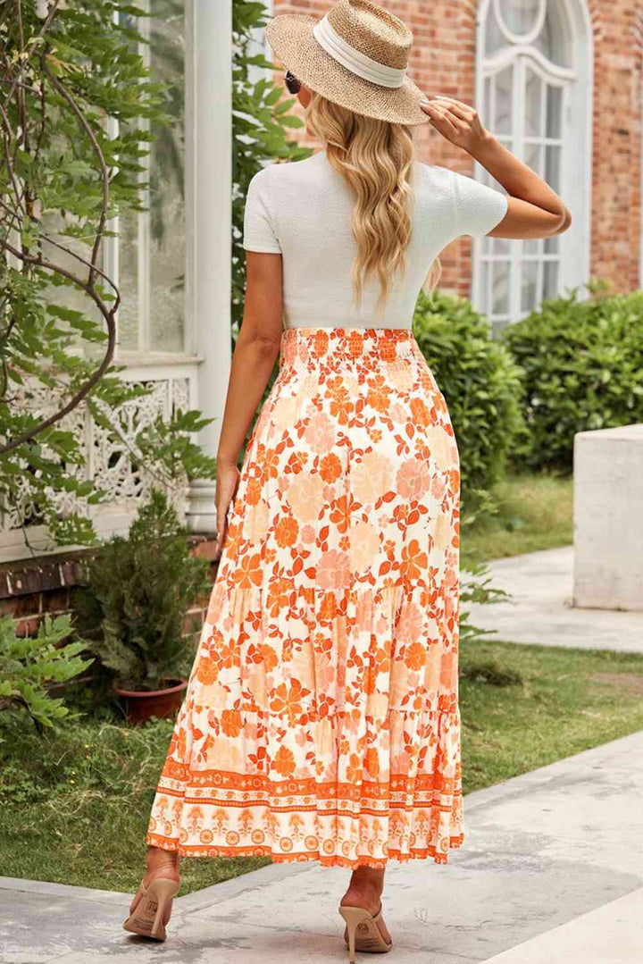 Floral Smocked Tiered Maxi Skirt |1mrk.com