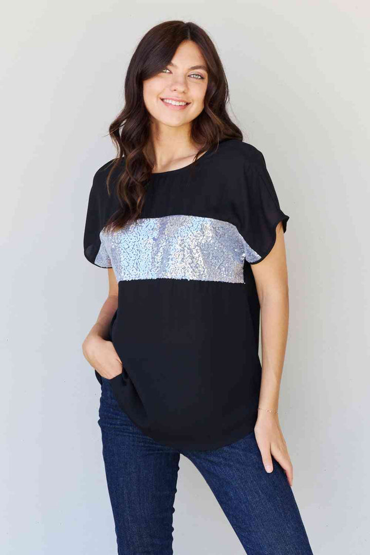 Sew In Love Shine Bright Full Size Center Mesh Sequin Top in Black/Silver | 1mrk.com