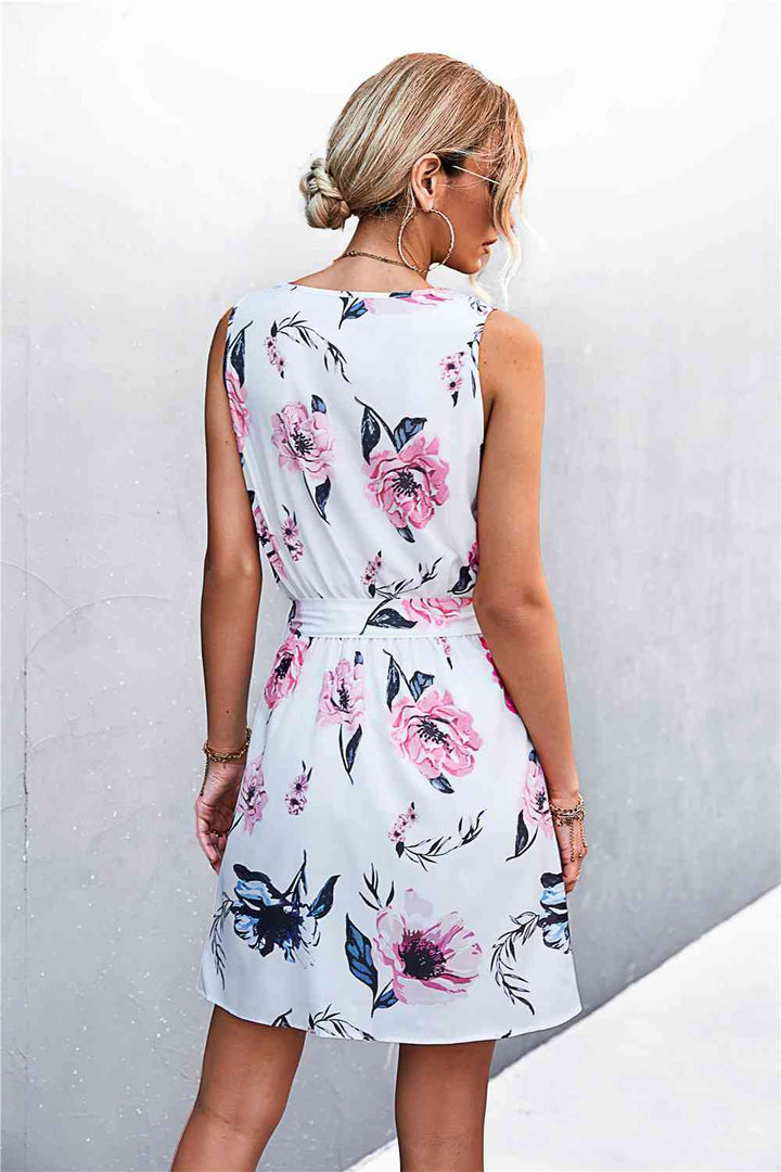 Printed Zip Detail Belted Sleeveless Dress |1mrk.com