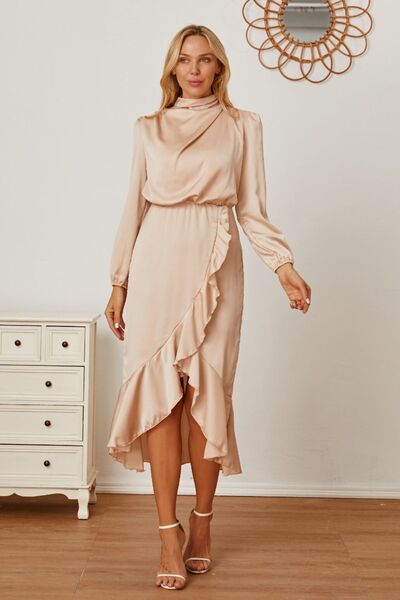 Mock Neck Ruffled Asymmetrical Dress |1mrk.com