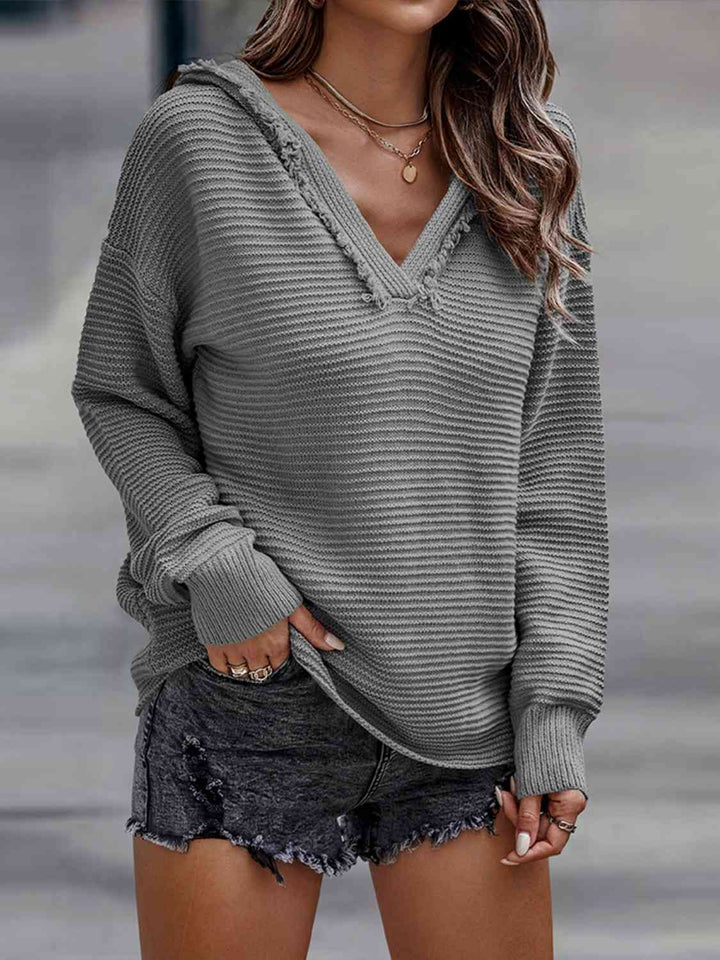 Ribbed Fringed V-Neck Hooded Sweater |1mrk.com