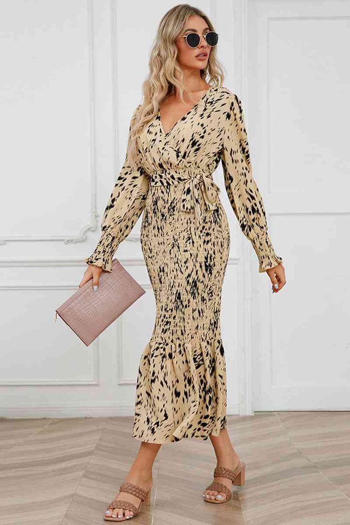 Printed V-Neck Smocked Midi Dress |1mrk.com