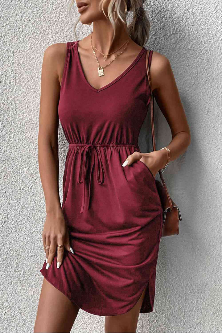 V-Neck Curved Hem Sleeveless Dress |1mrk.com