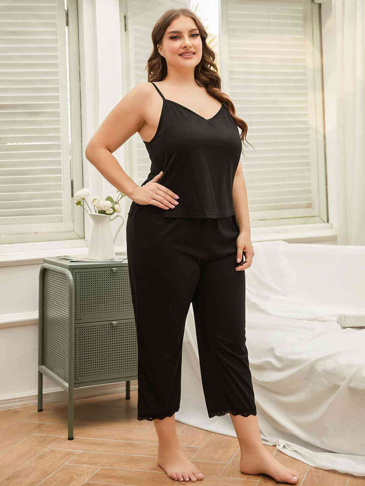 Plus Size Lace Trim Slit Cami and Pants Pajama Set | 1mrk.com