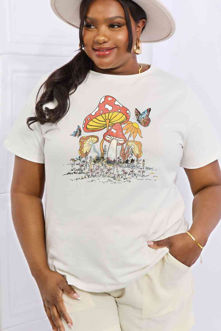 Simply Love Full Size Mushroom & Butterfly Graphic Cotton T-Shirt | 1mrk.com