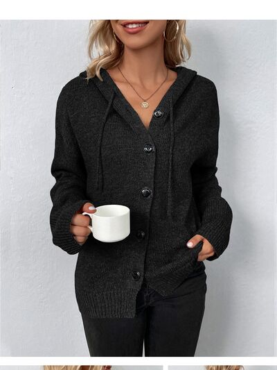 Drawstring Button Up Hooded Cardigan |1mrk.com