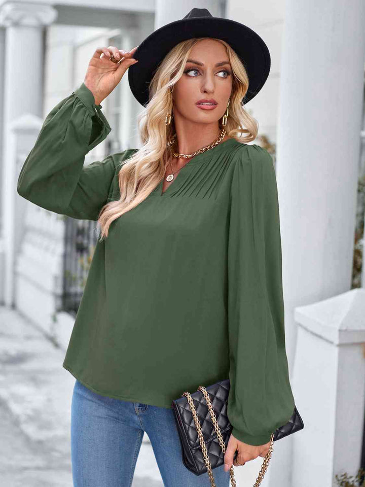 Notched Neck Puff Sleeve Blouse | 1mrk.com