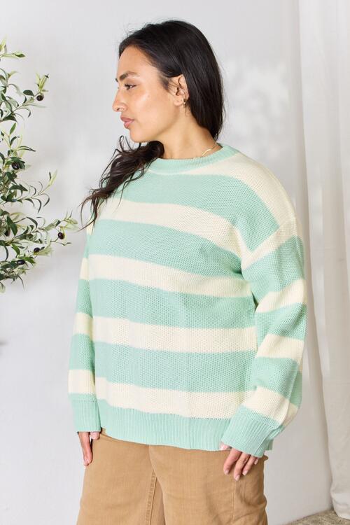 Sew In Love Full Size Contrast Striped Round Neck Sweater |1mrk.com