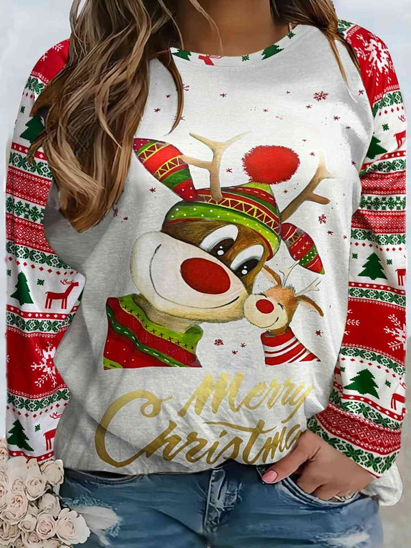 Plus Size Reindeer Graphic Round Neck Long Sleeve T-Shirt | 1mrk.com