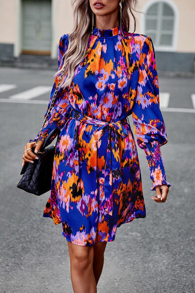 Printed Tie Waist Mock Neck Lantern Sleeve Dress |1mrk.com