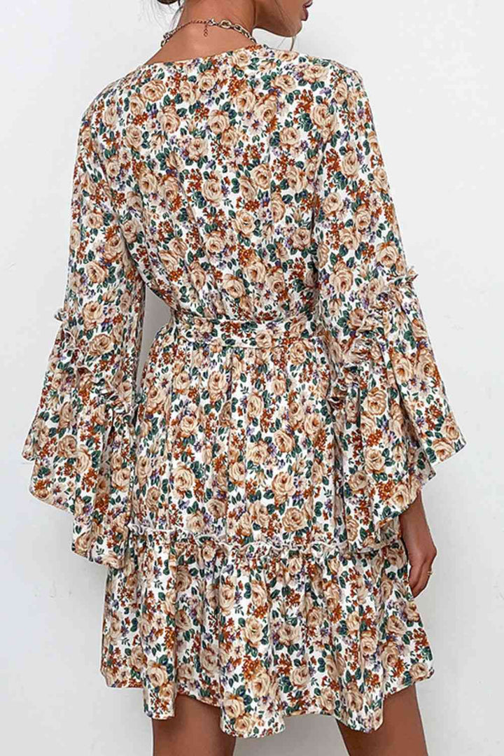 Floral Belted Flare Sleeve V-Neck Dress |1mrk.com