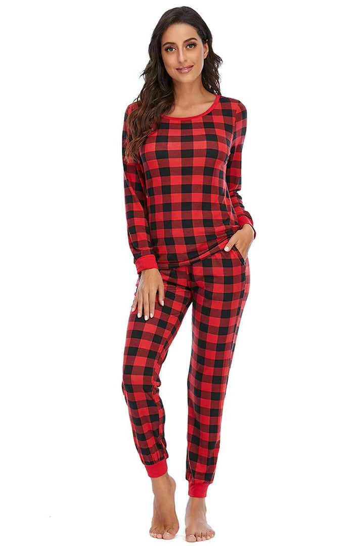 Plaid Round Neck Top and Pants Set | 1mrk.com