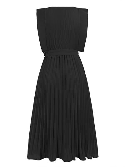 Tied Round Neck Pleated Midi Dress |1mrk.com