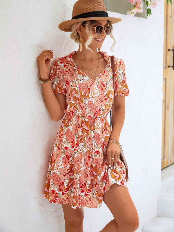 Floral Tie Neck Puff Sleeve Tiered Dress |1mrk.com