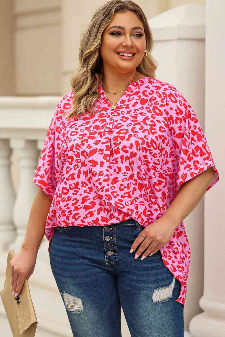 Plus Size Printed Notched Neck Half Sleeve Top | 1mrk.com