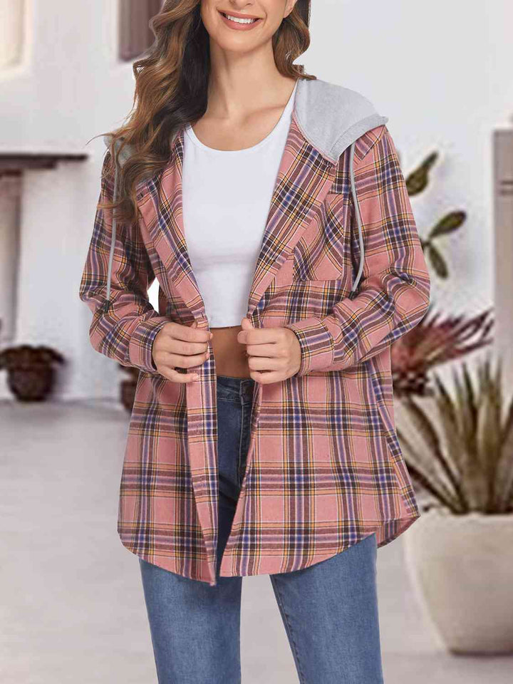 Plaid Drawstring Button Up Hooded Jacket |1mrk.com