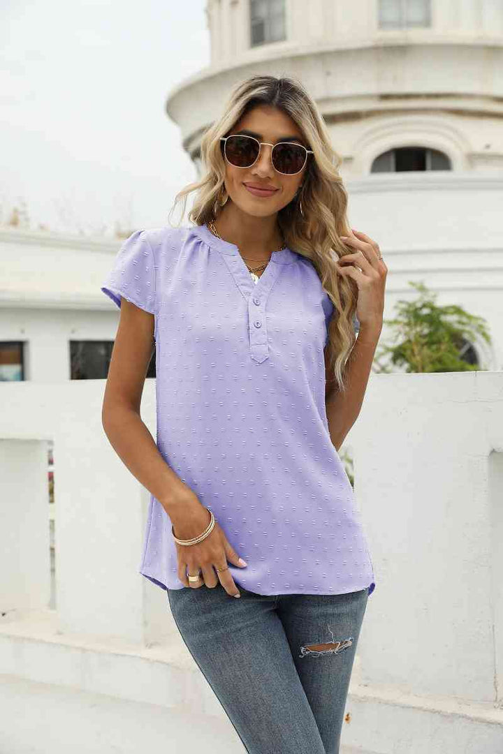 Swiss Dot Notched Neck Short Sleeve Top | 1mrk.com