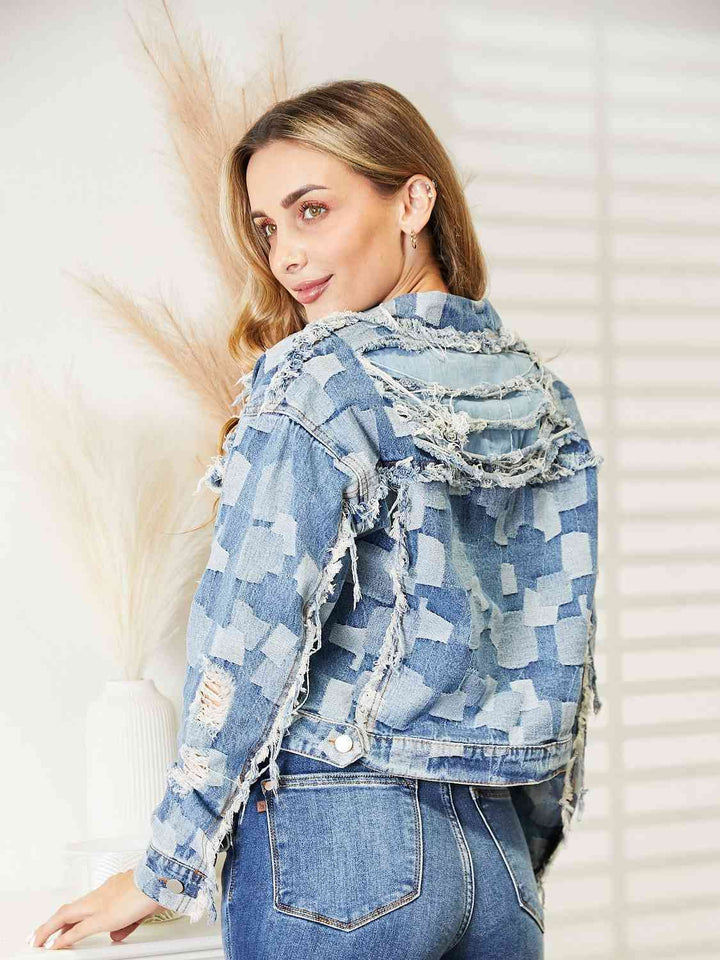 Plaid Raw Hem Dropped Shoulder Denim Jacket | 1mrk.com