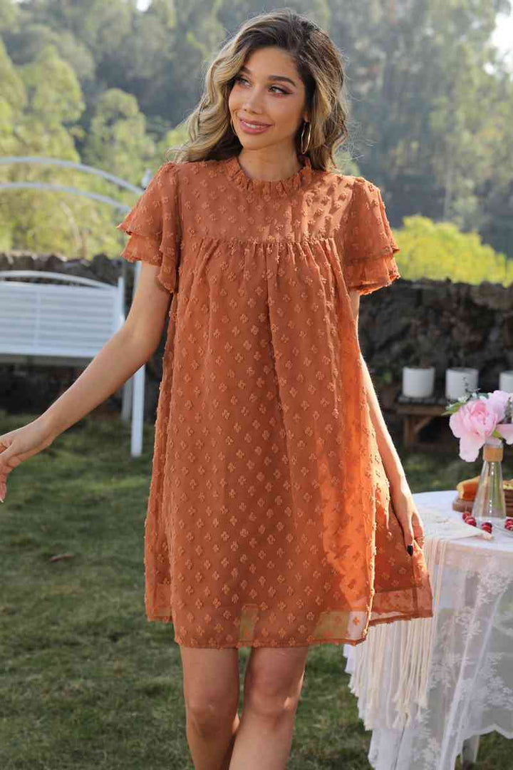 Swiss Dot Round Neck Flutter Sleeve Dress |1mrk.com